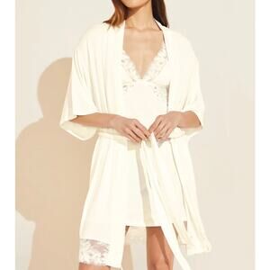 NWT Eberjey Rosalia TENCEL Modal Lace Tie Waist Robe‎ in Ivory - Large